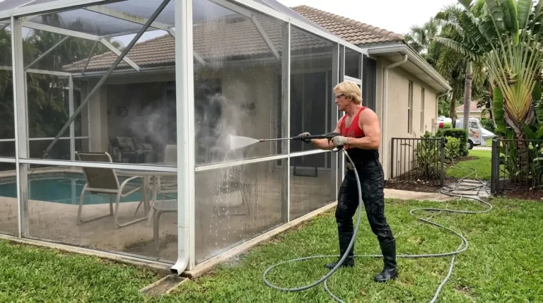 Pool cage cleaning on a Naples FL screened pool enclosure